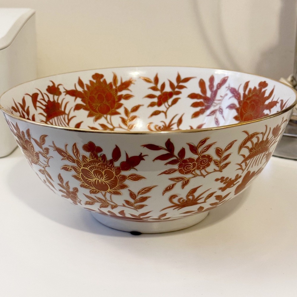 Antique Japan Fine Porcelain Ware Large Bowl Handpainted Gold Trim Hong Kong 10"